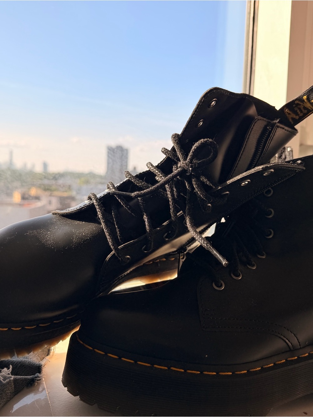 Dr. Martens Black Lace-Up Ankle Boots with Yellow Stitching